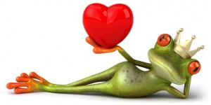cartoon frog reclining in a human position, wearing a crown and holding a big red heart