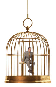 Man in gray suit sitting inside hanging bird cage
