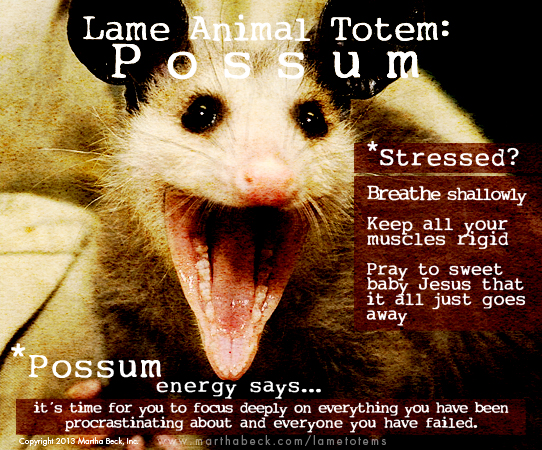 open-mouthed possum with text that says Lame Animal Totem possem Stressed? Breathe shallowly, keep all your muscles rigid, pray to sweet baby Jesus that it all just goes away, possum energy says it's time for you to focus deeply on everything you have been procrastinating about and everyone you have failed