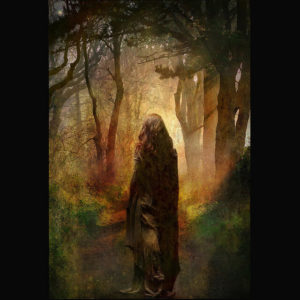 painting of brown-haired woman walking through shadowy forest
