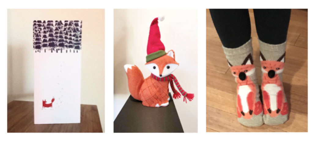side by side images of a greeting card with a drawing of a fox in a snowy wood, a fox toy with a santa hat and scarf on, and someone's feet wearing socks with foxes on them