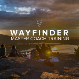 Group of people watching sunset from a cliffside with text that says Wayfinder Master Coach Training