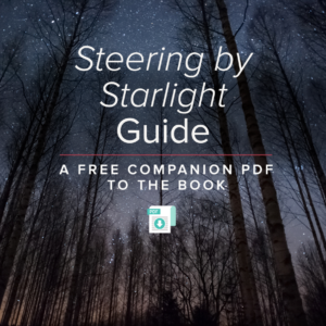 Starry night sky in the woods with text that says Steering by Starlight Guide A Free Companion PDF to the Book