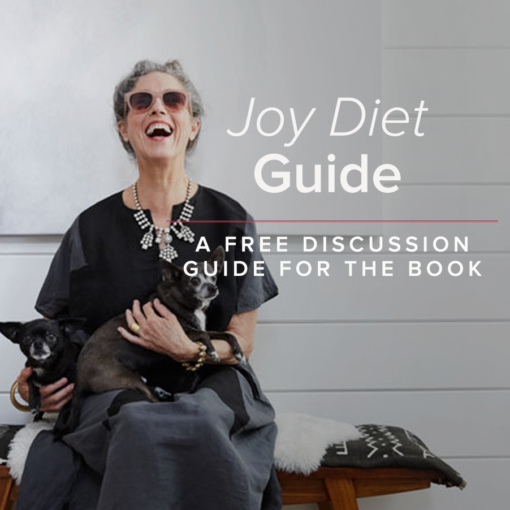 woman laughing with dogs sitting in her lap and text that says Joy Diet Guide A Free Discussion Guide for the Book