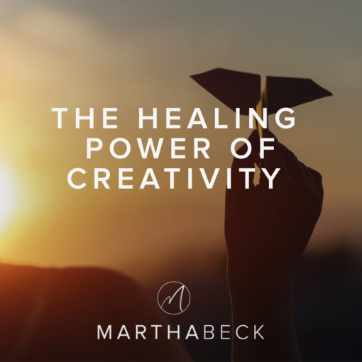 Hand holding origami in front of sunset with text that says The Healing Power of Creativity and Martha Beck logo