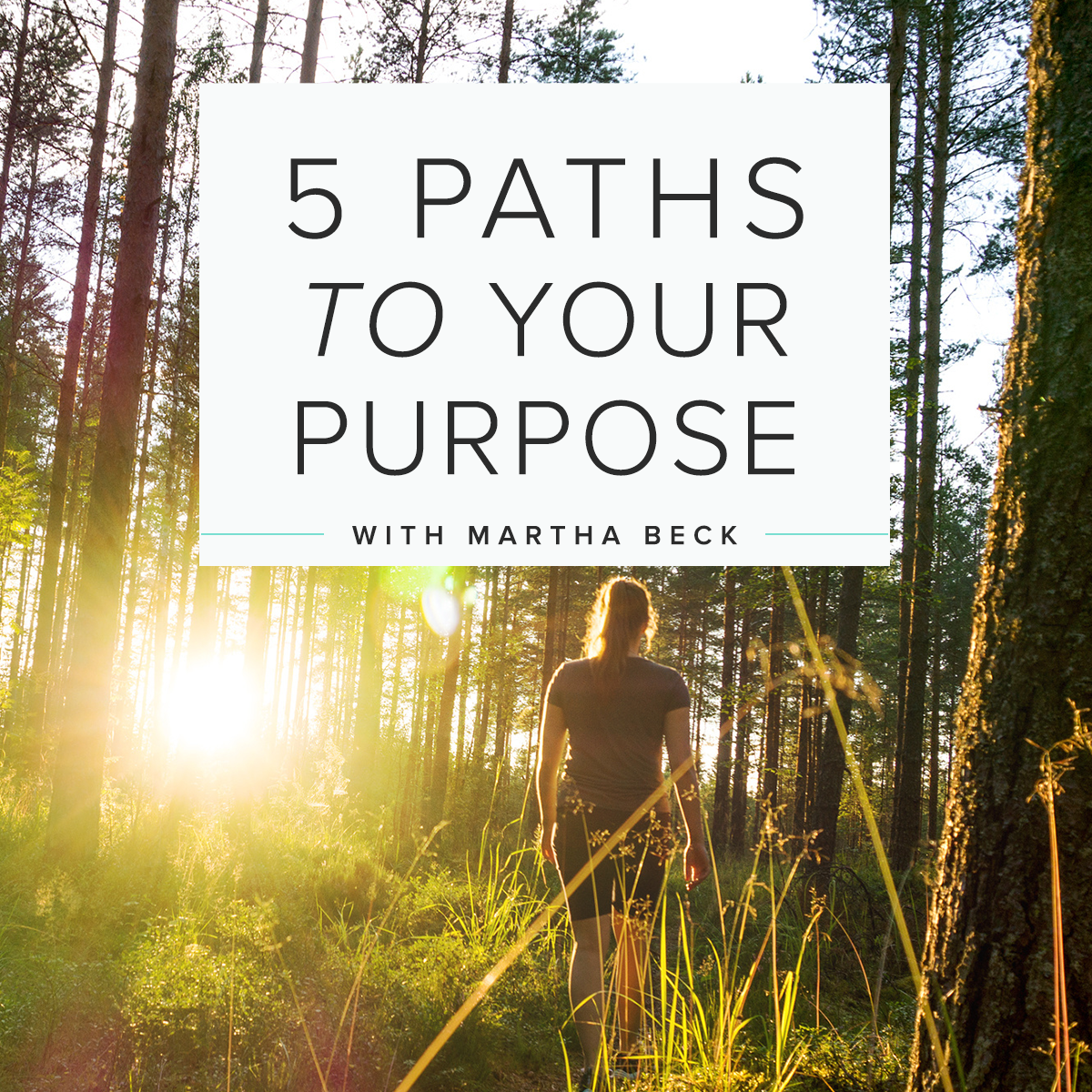 woman walking through woods at sunrise with text that says 5 Paths to Your Purpose with Martha Beck