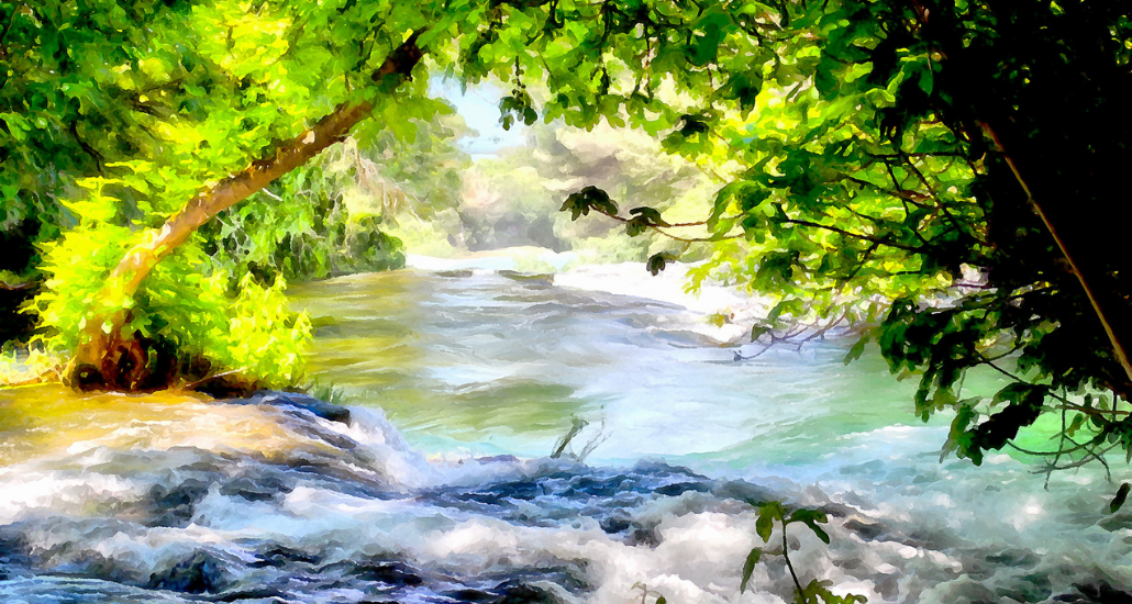 painting of stream flowing under green tree branches
