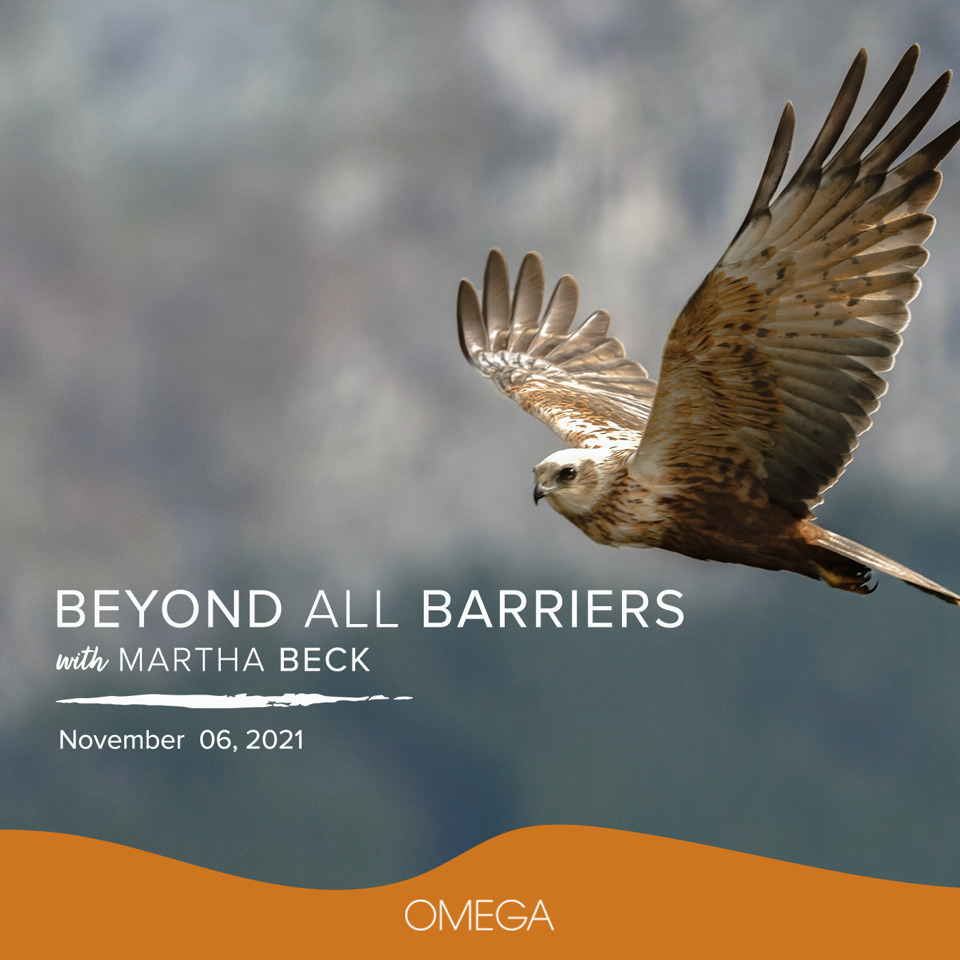 OMEGA logo on photo of flying bird with text Beyond All Barriers with Martha Beck November 6, 2021