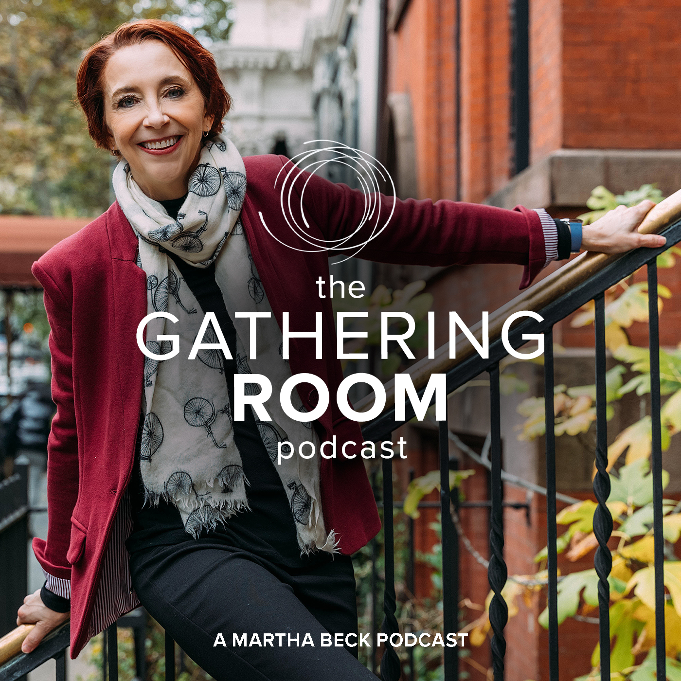 Martha standing on the steps wearing a scarf with the words The Gathering Room Podcast on the image.