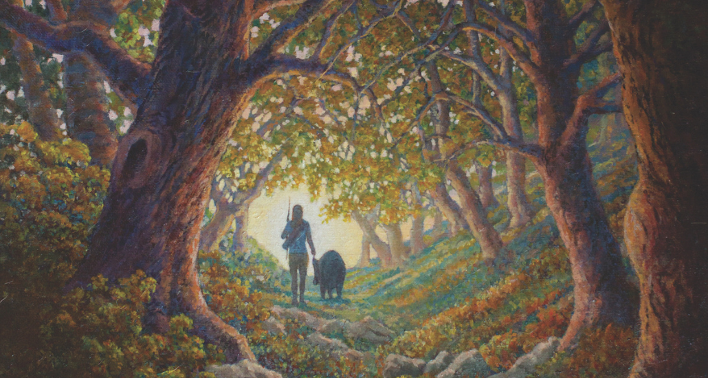 Woman walking companionably with a boar through a canopy of trees.